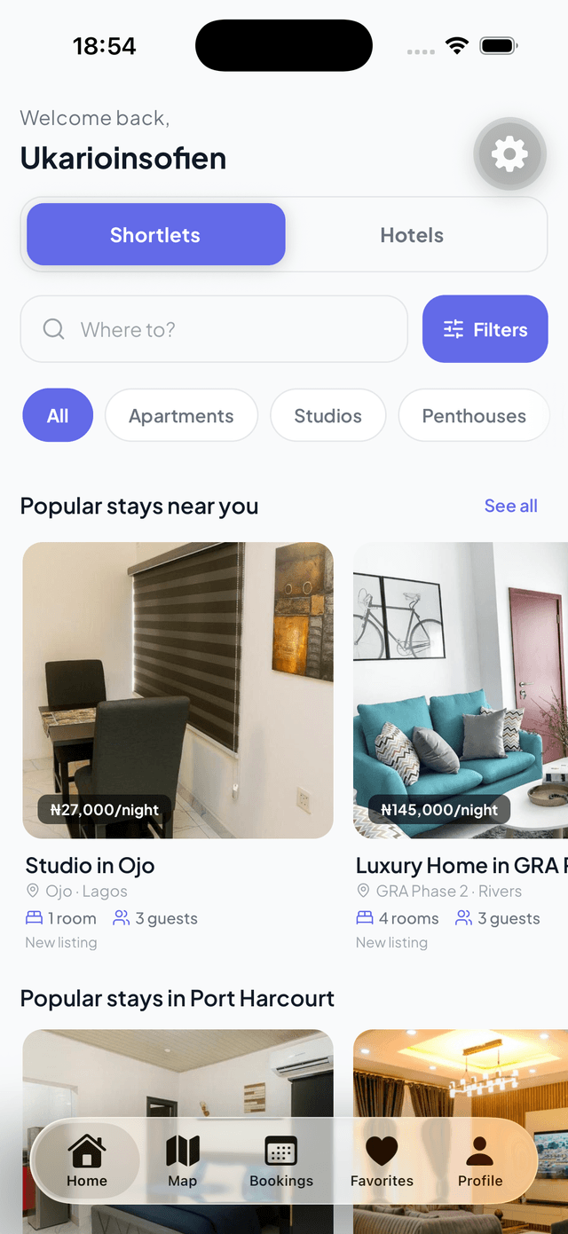 Roomly app home screen